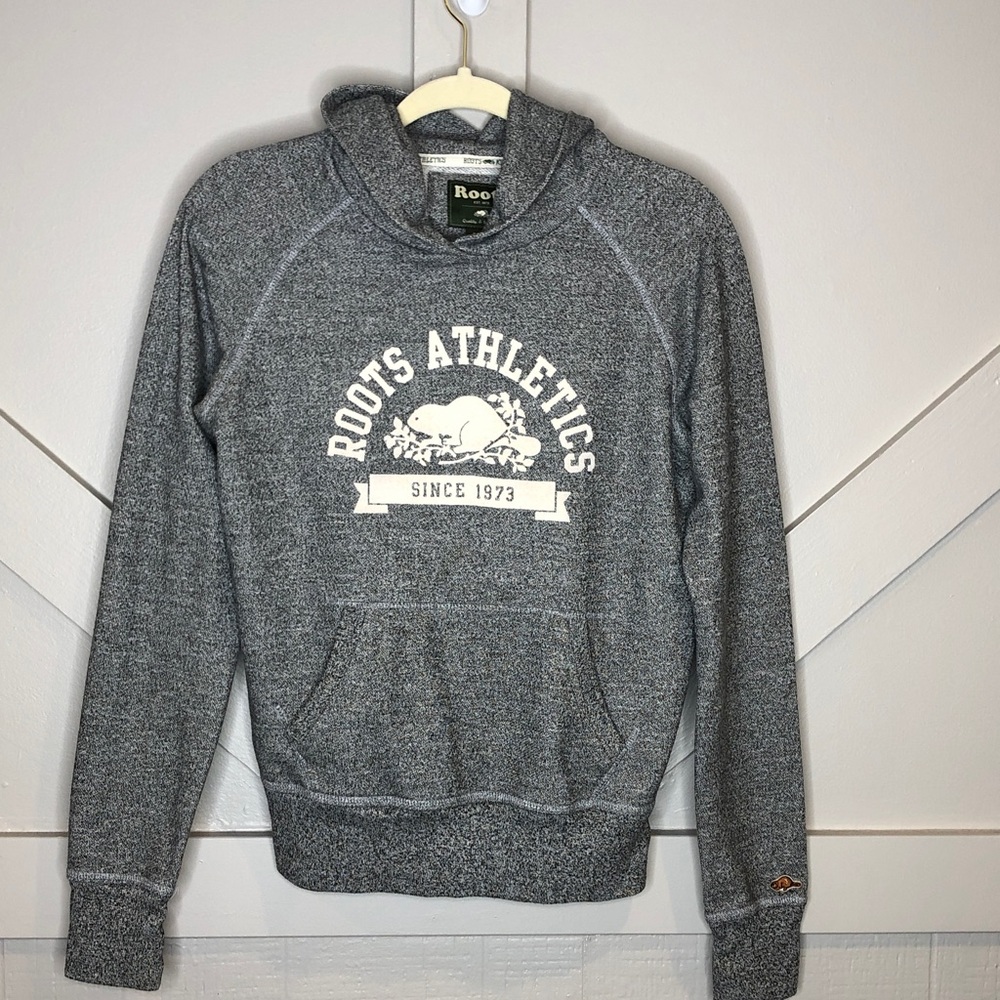 Roots Canada Athletics Grey White Logo Hoodie Sweatshirt Kangaroo Pocket Medium